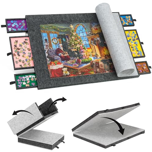 Lavievert Tavolo Puzzle Pieghevole Con 6 Scomparti e Cassetti - Portatile Leggero Con Tappetino di Copertura - Tagliere in Feltro Per Riporre Puzzle Fino a 1500 Pezzi