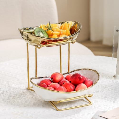 Frutero Estantes Frutero 2 Estantes De Cerámica, Un Estante con Cesta De Frutas para Aperitivos, Dorado