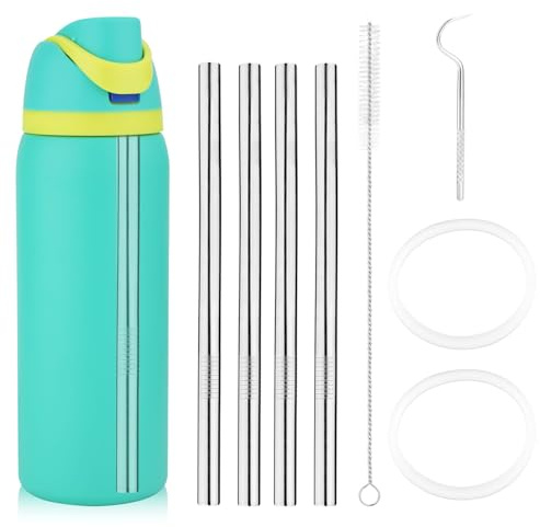 4pcs Metal Straw Replacement Compatible with Owala Water Bottle 24 oz 32 oz | Stainless Steel Reusable Straws with Cleaning Brush & Gasket Seal Washers Water Bottle Accessories Parts