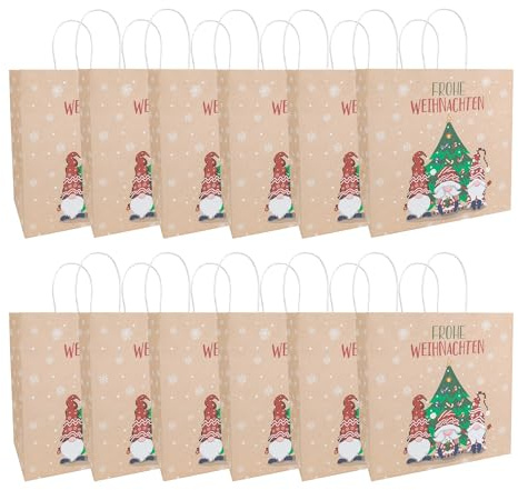 Idena 30512-12 - Geschenktüten Frohe Weihnachten, 12 Stück, Geschenktaschen in der Größe 28 x 28 x 15 cm, Papiertüten Weihnachten, Wichtel mit Weihnachtsbaum