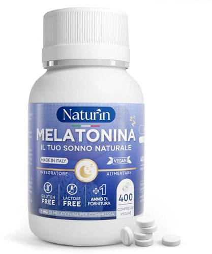 Melatonina Forte e Pura 400 Compresse (1 Anno), Integratore Vegano Rilassante, 1 mg per compressa per un sonno naturale e profondo, ideale per ridurre l'insonnia e lo stress by NATURIN