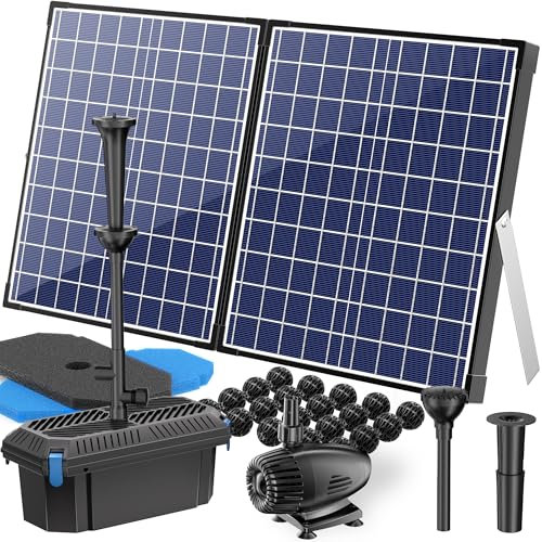 Biling 50W Solar Pond Filter Kit, 2100L/H Biological Solar Pond Filtration System Clean Water for Up to 4000L Koipond Waterfall with 3 Nozzles Adjustable Valve