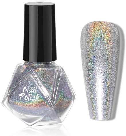 Holografischer Laser Nagellack - 8ml Schnelltrocknend Glitzernagellack Shimmer Glitter Nail Polish - Shining Nail Art Holographic Nagellack Ohne UV Lampe für Strahlendes Nageldesign (Silber)