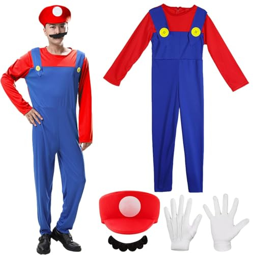 Shengruili 4 stycken dräktsset, Luigi-kostym, Bros, cosplay-kostym, kvinnor, män, pojkar, flickor, outfit för jul, karneval, maskeraddräkt