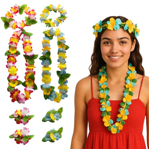 ZKGYUS 2 Stücke Hawaii Blumenketten Hawaiikette Halskette, Hawaiian Kette Haarband Armbänder Set, Tropische Luau Blumen Lei für Kleid, Hawaii Party Mallorca Deko Geburtstagsparty-Zubehör