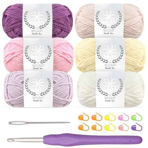 Chenille wolle zum häkeln - 6x50g Flauschige Dicke Wolle Set mit 5mm Häkelnadel, Weiche Häkelwolle für Babyprojekte & Decken, Chenille Garn für Handwerk