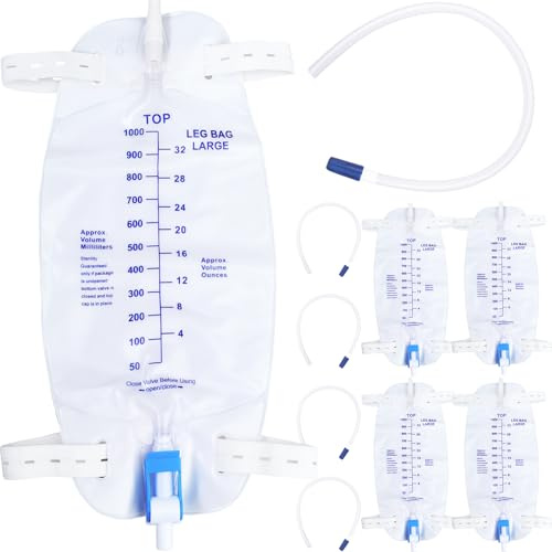 5 Pack 1000ml Leg Bag Urinary Drainage Bag with Adjustable Shoulder Straps and 17.7 Inch Flexible Tube with Leak Proof Anti Reflux Design and Soft Durable Material with Self Sealing Valve,Blue