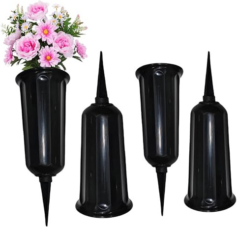 Fovasen 4 Pcs Plastic Grave Flower Pots, Grave Vase with Spikes, Cemetery Black Vase for Grave, Lawn, Yard, Garden Decoration