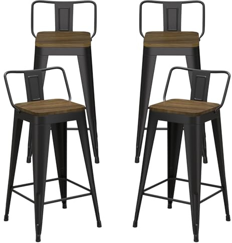 Homvinax 24 Inch Metal Bar Stools Set of 4, Metal Stools for Kitchen Counter with Wood Seat, Low Back Industrial Barstools (Matte Black)