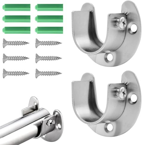 28 mm Recess Curtain Pole Brackets Ends for Wardrobe Wall, 2 Pcs | Stainless Steel Heavy Duty Adjustable U Shaped Curtain Pole Holders for Bracket Curtain Shower Rods Flanges Socket Kit
