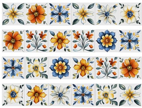 Ausing Adesivi per Piastrelle da Cucina 24 Pezzi Set Fiori Stampati Adesivi per Carta da Parati per Bagno Soggiorno Cameretta dei Bambini, Bianco, 15×15 cm