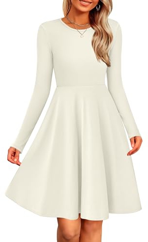Zeagoo Damen Kleider Langarm Elegant A-Linie Strickkleid Casual Rundhals Herbstkleid Einfarbig Tunika Kleid Winter Leichte Pulloverkleid Beige XL