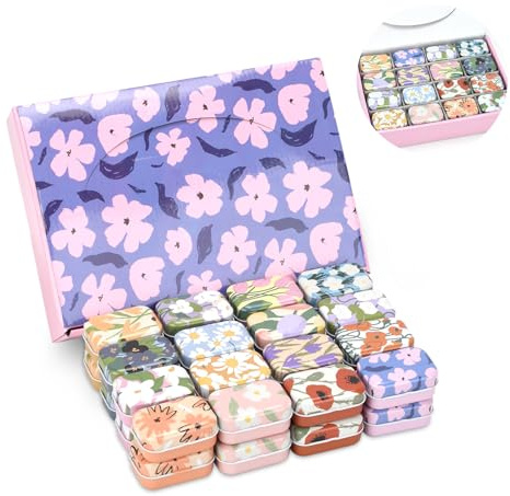 BYZCYSG Mini Storage Tin Box Set, 32 Pieces, 16 Designs, 6 x 4 x 2.5 cm, Decorative Metal Containers (Floral B)