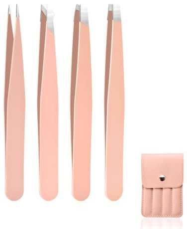 Arvoni 4 Piezas Pinzas Depilar Profesionales, Pinzas Cejas Portátil Acero Inoxidable, Superficie Antideslizante, para Cejas, Pestañas, Vellos Encarnados, Vellos de Barba, con Bolsa de Almacenamiento