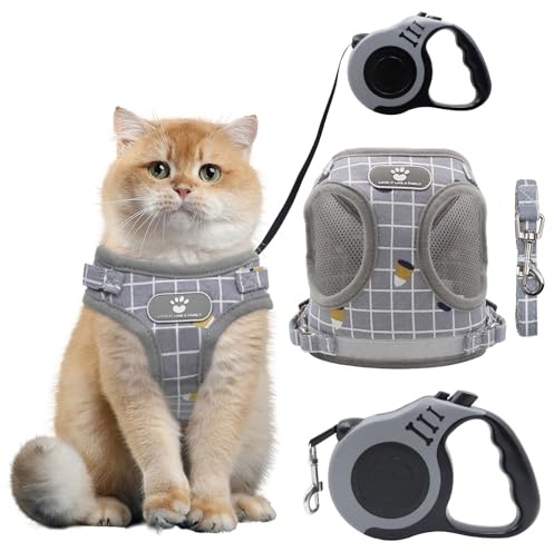 Druuzyl Juego de arnés y correa para gatos, arnés reflectante para gatos, malla transpirable suave ajustable para gatos y perros pequeños, 5 m de correa para gatos, gris, S