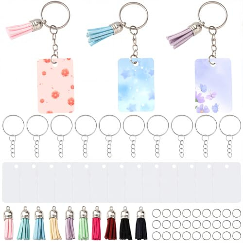 SOFPLATE 1 boîte de 220 ou 40 ensembles de Porte Clés Vierges à Sublimation Double Face Anneaux Fendus Rectangulaires en Métal Pompons Colorés pour la Fabrication de Porte Clés Bricolage Décorations p