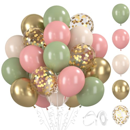 BlooMoo 60 Stück Luftballons Retro Grün Rosa, 12 Zoll Latex Luftballons Grün Rosa Gold, Metallic Ballons und Konfetti Ballons Set, für Geburtstag Hochzeit Party Dekoration