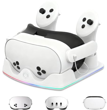Jubor Estación de Carga Compatible Meta Quest 2/3/3S, Base de Carga Rápida para Quest 3 con Iluminación RGB, Cargador para Consola VR, Accesorios VR | Estación de carga con iluminación RGB para controladores