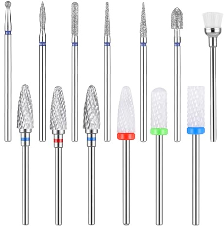 Nagelfräser Aufsätze, 13-teiliges Nagelbohrer-Set, 3/32 Zoll Nagel-Bits für Nagelbohrer, 3Stück Wolframkarbid-Bohrer, 3Stück Keramik-Efile-Nagelbohrer, 6 Stück Diamantbohrer, 1 Stück Bürste