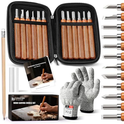 MAIKEHIGH 16pcs Kit Intaglio Legno, Intaglio Legno Cinceles de Talla Per Principianti Professionisti Bambini Scalpelli con Guanti Resistenti Al Taglio