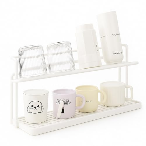 Greenfields White 2-Tier Bottle Drying Rack & Cup Holder – Black Steel Mug Stand with Removable Drip Tray – Space-Saving Kitchen Organiser for Mugs, Tumblers, Bottles, Jugs & Glassware