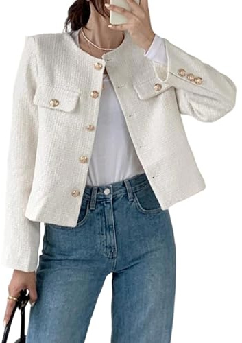 Boucléjackor för kvinnor Beskuren tweedkavaj Höst Vinter Elegant Business Casual Jacka Beige Stor