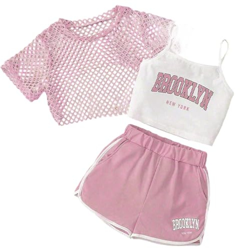 JokeLomple Completo Estivo da Bambina, 3 Pezzi, con Stampa di Lettere, Top Senza Maniche, Maglietta a Maniche Corte e Pantaloncini, Completo Casual per Bambini Piccoli. (11-12 Years) #20