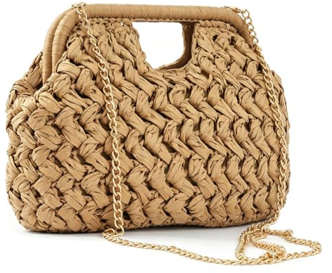 Pro-Noke Straw Clutch Bag for Women,Woven Straw Dumpling Pouch Summer Beach Handbag,Evening Crossbody Bag Removable Chain Strap Raffia Bag for Wedding Evening Party(Khaki)