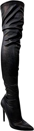 Liliana DB54 Women Suede Pointy Toe Thigh High Single Sole Stiletto BootGisele 7 Black Leatherette 10