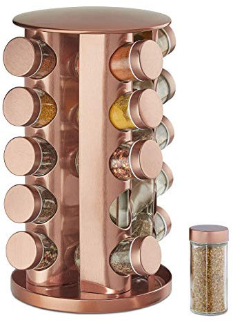 Relaxdays Especiero Giratorio Grande de Acero, Organizador Especias Cilíndrico, 20 Frascos Cristal, 34 x 22 cm, Cobre