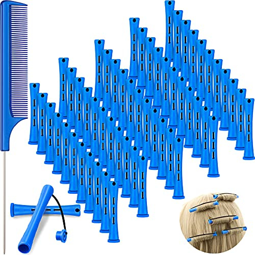 WILLBOND 60 Pcs Perm Rods for Short Long Hair Plastic Cold Wave Perming Curlers Small Hair Curling Rollers with Steel Pintail Rat Tail Kit for Women Hairdressing Styling Supplies(0.35 Inch,Blue)