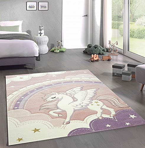 CARPETIA Spiel Teppich Kinderzimmer Himmel Wolken Regenbogen Einhorn rosa Creme Größe 160x230 cm