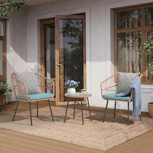 OC Orange-Casual 3-TLG Bistro Set, Outdoor Gartenmöbel, Wetterfeste Rattan Gartensofa Set mit 2 Stühle und Beistelltisch, für Veranda, Garten, Balkon, Turquoise(Kissen)