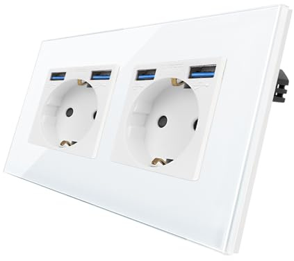 CNBINGO Steckdose Unterputz mit USB Ports (Max.2,1 A), 2-Fach Weiß Glas | Schuko Doppelsteckdose mit USB-A, Wandsteckdose mit Kindersicherung, Horizontal oder Vertikal, DIY-Montage, Glasrahmen