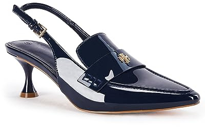 Coutgo Damen-Sandalen mit spitzem Zehenbereich, Slingback, Kätzchen-Absatz, Schlupfschuhe, Knöchelschnalle, elegante Schuhe, Marineblau, 40.5 EU