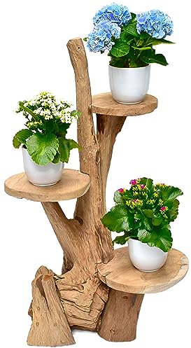 Stephans Möbelbörse Teak Blumenständer mit 3 Ablagen Blumenpodest Pflanzentreppe Blumenregal Ständer Blumenhocker Massiv Holz Podest Regal 80cm