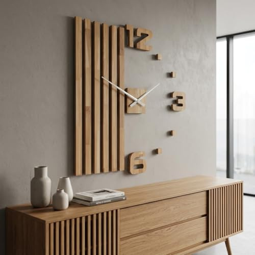 FLEXISTYLE 3D Wanduhren DIY Holz Eiche Lamellen große Wanduhr 100 cm 3D Wanduhr Modern Design EKO Wanduhren Wandtattoo Dekoration Uhren für Büro Wohnzimmer Schlafzimmer (XXL 100cm weiße Zeiger)