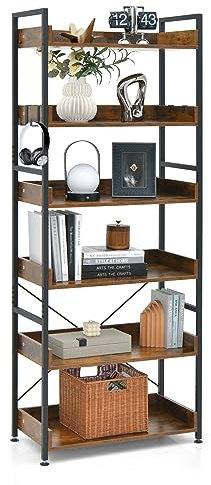 HOMASIS Scaffale Legno a 6 Livelli con 4 Ganci, Libreria da Parete Regolabile in Altezza in Legno, Scaffalatura Industriale con Schienale da Soggiorno, Cucina, Portata 120 kg, Marrone