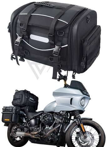 FVMOTO Universal Motorcycle Travel Luggage, Expandable Tail Bag 40-60L(10-15 Gallon), All Weather Rack Bag, Sissy Bar Bags, Helmet Bag, Tour Pack Bag Storage Backpack with 6 Straps, Waterproof cover