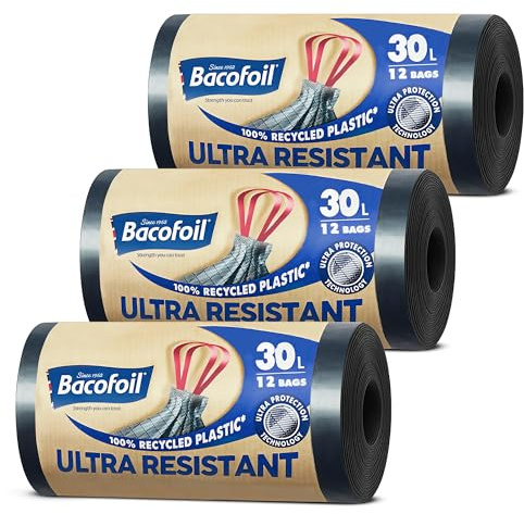 Bacofoil Ultra Resistant Bin Liners with Drawstring Handles 30L - Leak-Proof and Tear Resistant Bin Bag with Ultra Protection Technology (3 Rolls, 36 Bags)…
