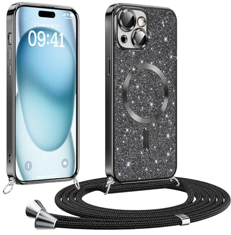 Phoona handyband Hülle für iPhone 15 mit Band, Glitzer Handyhülle Kompatibel mit MagSafe, Ganzkörperschutz Kratzfeste Stossfest Schutzhülle mit Einstellbar Kette, Schwarz