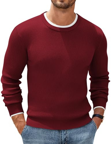COOFANDY herrtröja rund hals stickad tröja finstickad tröja ribbad herr tröja basic stickad sweatshirt fritid business, Vinröd, XXL