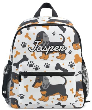 CHIFIGNO Individueller Kinder-Rucksack für Mädchen und Jungen mit Namen, personalisierter Mini-Reiserucksack für den Schulanfang, Dackel-Hunde, Schwarz und Orange, Small