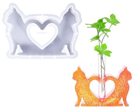 Finyoffiy Katze Harz Formen Gießform,Blumenvase Silikonform,Vase Resin Mold,Vase Resin Form mit 1 Stück Acryl Reagenzgläser,fur Hydroponik Pflanzen Stecklinge Garten Tischdeko (C)