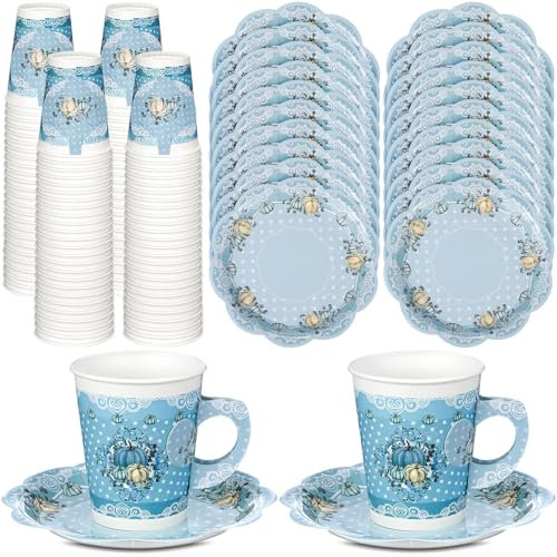 Tioncy 100 decorazioni per tea party, includono 50 tazze da tè di carta da 255 ml con manico e 50 piatti usa e getta tazze da tè e piattini, set per compleanno di ragazze (zucca)