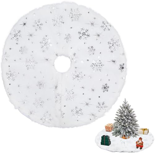 Mini Weihnachtsbaumdecke Rund, Plüsch Rock Weiß, Schneeflocken Decke, Christbaumdecke für Mini Weihnachtsbaum, 38 cm, Weihnachtsdekoration (Silber Schneeflocke)