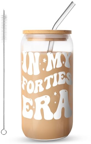 FIDWALL Iced Coffee Cup,Glass Cups with Lids and Straws,40th Birthday Gifts for Women,Perfect for Hot and Cold Drinks,Durable Glass Tumbler for Special Occasions,Unique Gift (Forties)