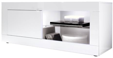 AltoBuy OTELLO - Meuble TV 1 Portes 2 Niches Finition Blanc Laqué Weiss avec LEDs