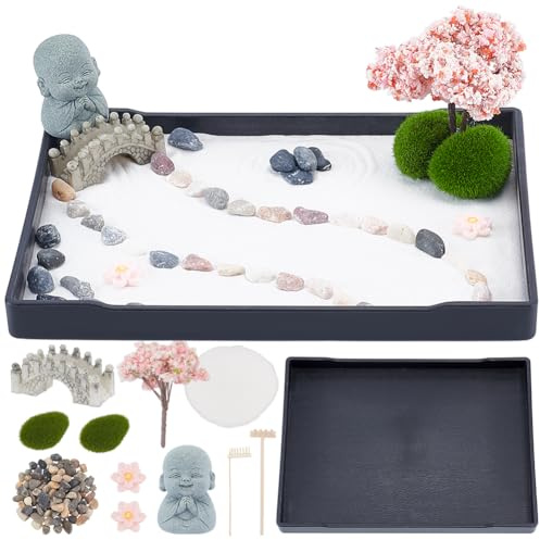 WEBEEDY Kit de Jardin Zen Miniature Style Japonais avec Plateau de Sable pour Bureau Kit de Mini Ornements de Bureau pour la Décoration de la Maison la Relaxation et la Méditation