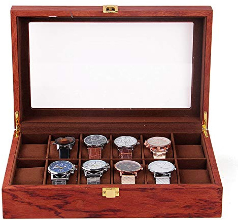 Esyogen 12 Uhrenbox Gitter aus Holz und Samtstoff Vintage Uhrenschatulle Uhrenbox Display Organizer Schmucketui Geschenke Uhrenschachtel (12 Zellen)